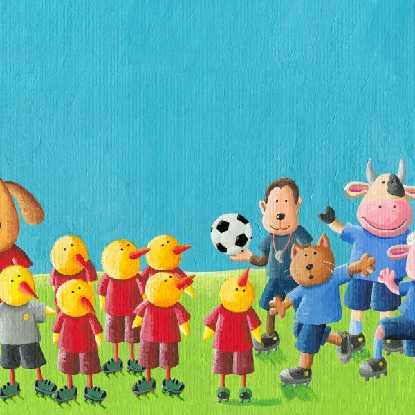 ilustracija iz slikovnice pilići, problemi i nogomet